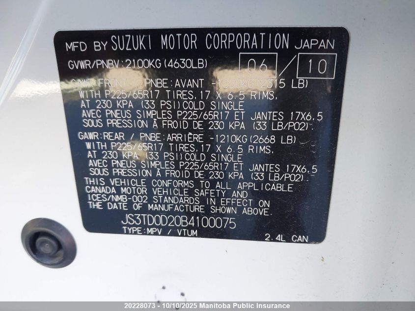 2011 Suzuki Grand Vitara Jlx VIN: JS3TD0D20B4100075 Lot: 20228073