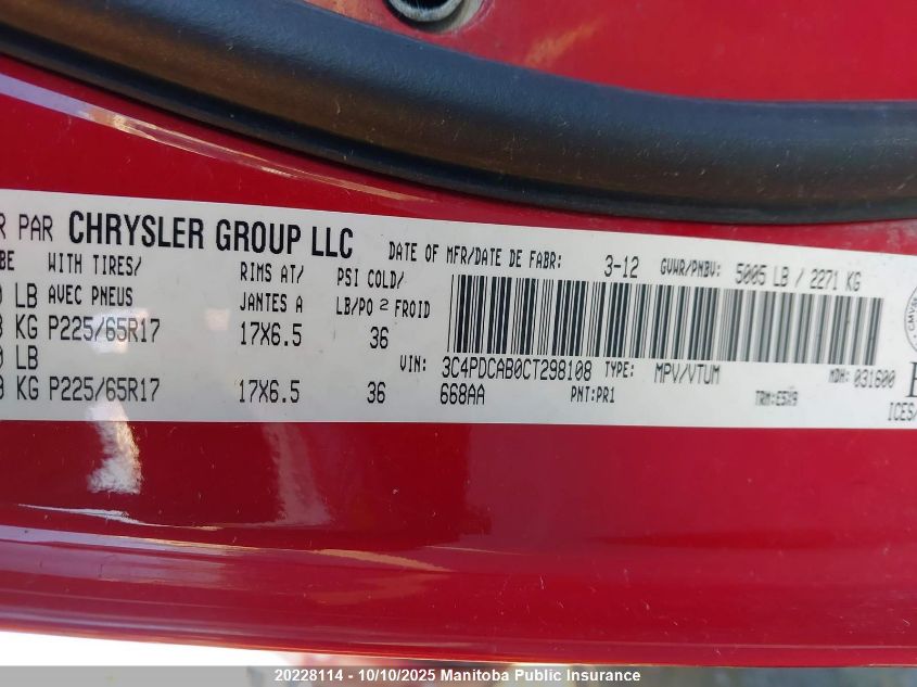 2012 Dodge Journey Se VIN: 3C4PDCAB0CT298108 Lot: 20228114