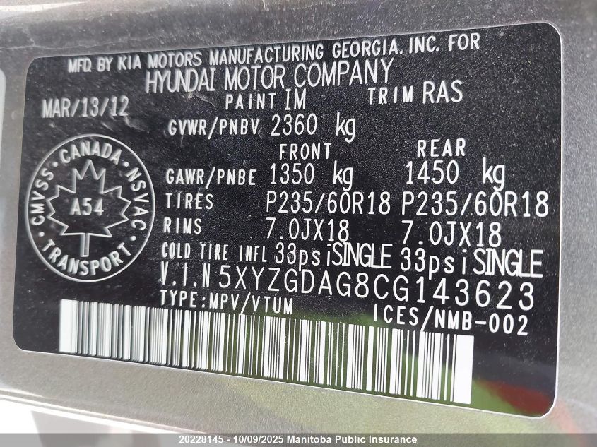 2012 Hyundai Santa Fe Gl Sport VIN: 5XYZGDAG8CG143623 Lot: 20228145