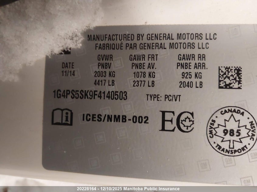 2015 Buick Verano VIN: 1G4PS5SK9F4140503 Lot: 20228164