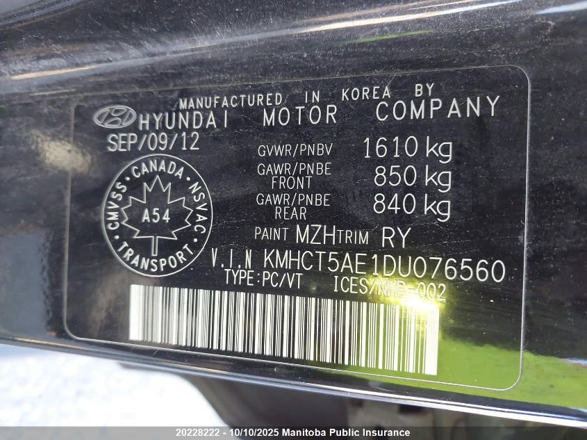 2013 Hyundai Accent Gl VIN: KMHCT5AE1DU076560 Lot: 20228222