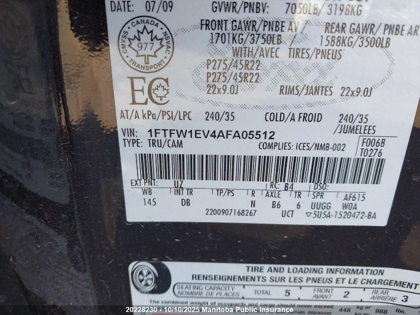 2010 Ford F-Series VIN: 1FTFW1EV4AFA05512 Lot: 20228230