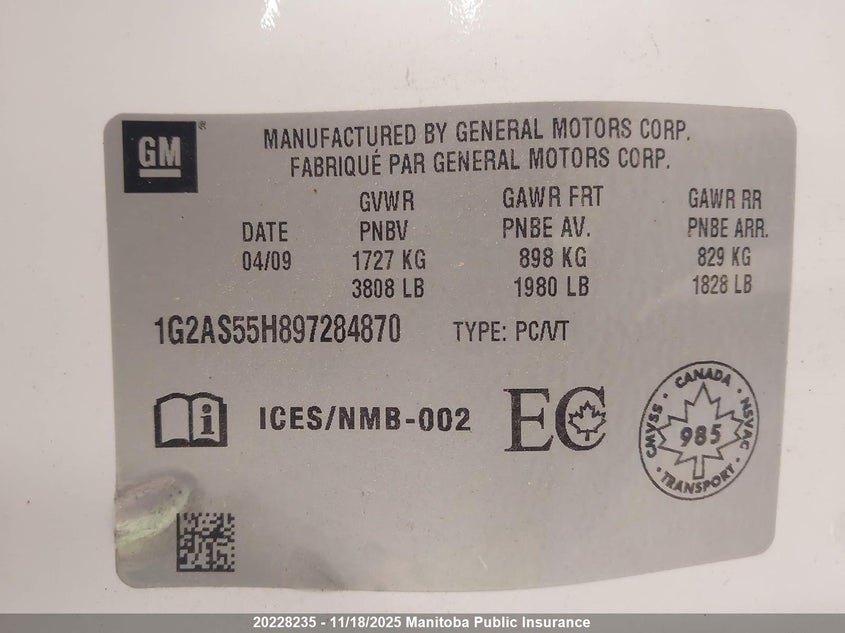 2009 Pontiac G5 Se VIN: 1G2AS55H897284870 Lot: 20228235