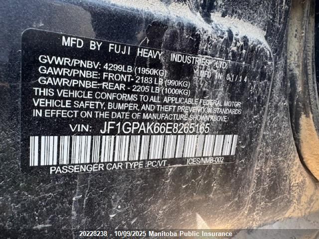 2014 Subaru Impreza Limited VIN: JF1GPAK66E8265165 Lot: 20228238