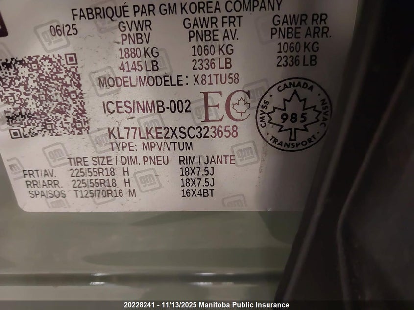 2025 Chevrolet Trax Activ VIN: KL77LKE2XSC323658 Lot: 20228241