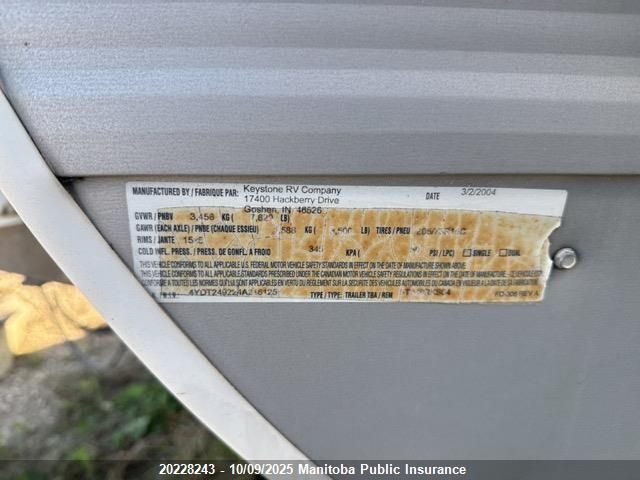 2004 Sprinter Trailer VIN: 4YDT249224A216125 Lot: 20228243