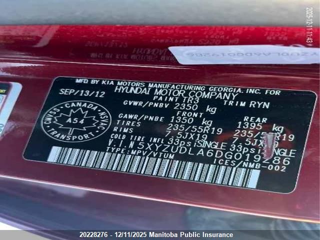 2013 Hyundai Santa Fe 2.0T VIN: 5XYZUDLA6DG019286 Lot: 20228276