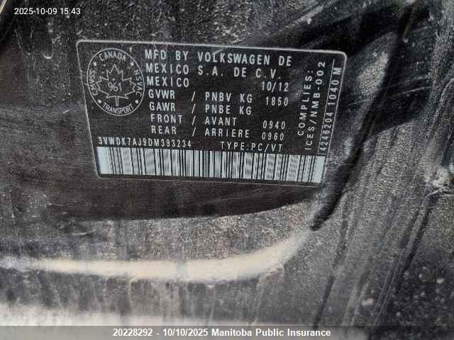 2013 Volkswagen Jetta 2.0 VIN: 3VWDK7AJ9DM393234 Lot: 20228292