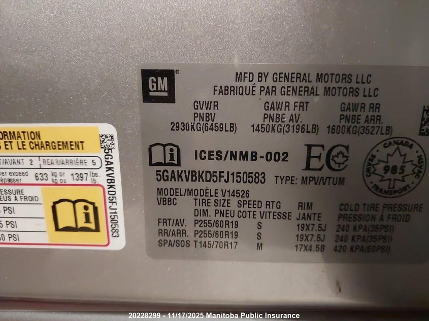 2015 Buick Enclave VIN: 5GAKVBKD5FJ150583 Lot: 20228299