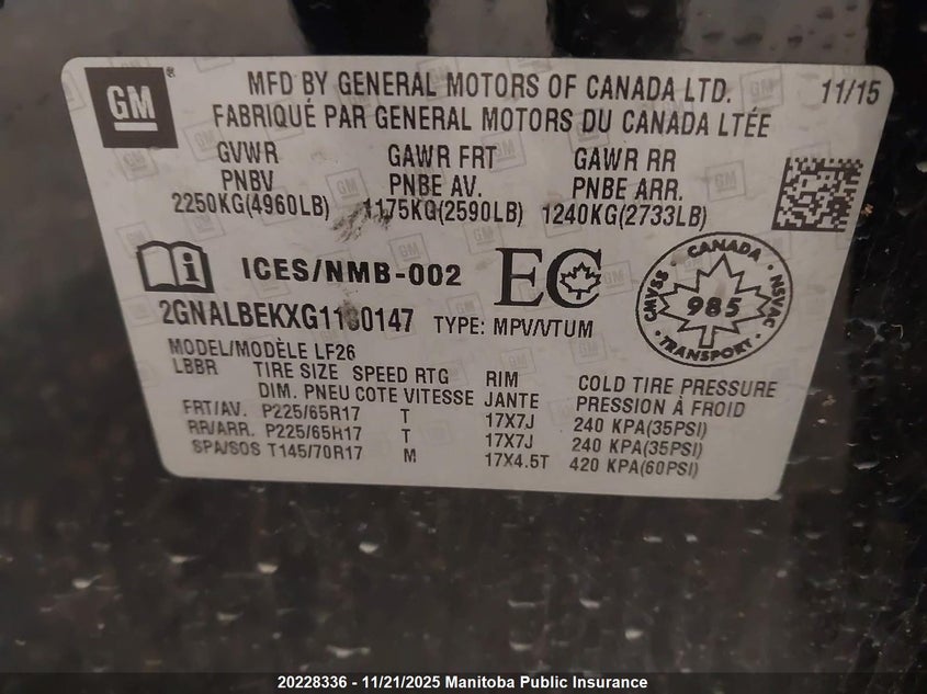 2016 Chevrolet Equinox Lt VIN: 2GNALBEKXG1130147 Lot: 20228336