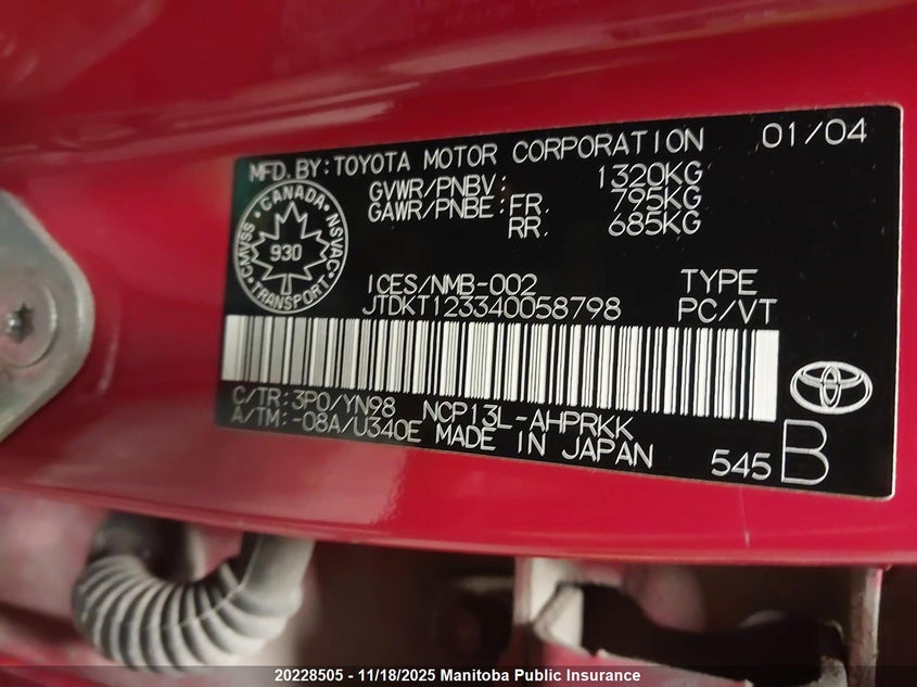 2004 Toyota Echo Le VIN: JTDKT123340058798 Lot: 20228505