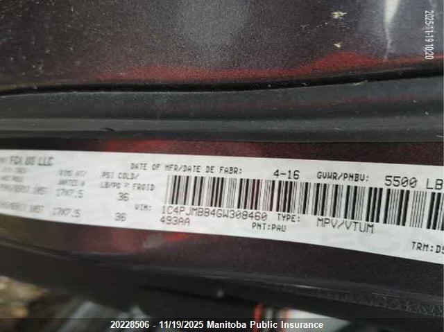 2016 Jeep Cherokee Trailhawk VIN: 1C4PJMBB4GW308460 Lot: 20228506