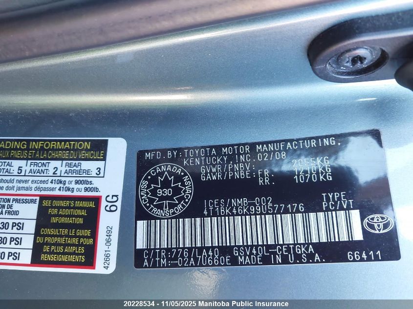 2009 Toyota Camry Xle V6 VIN: 4T1BK46K99U577176 Lot: 20228534