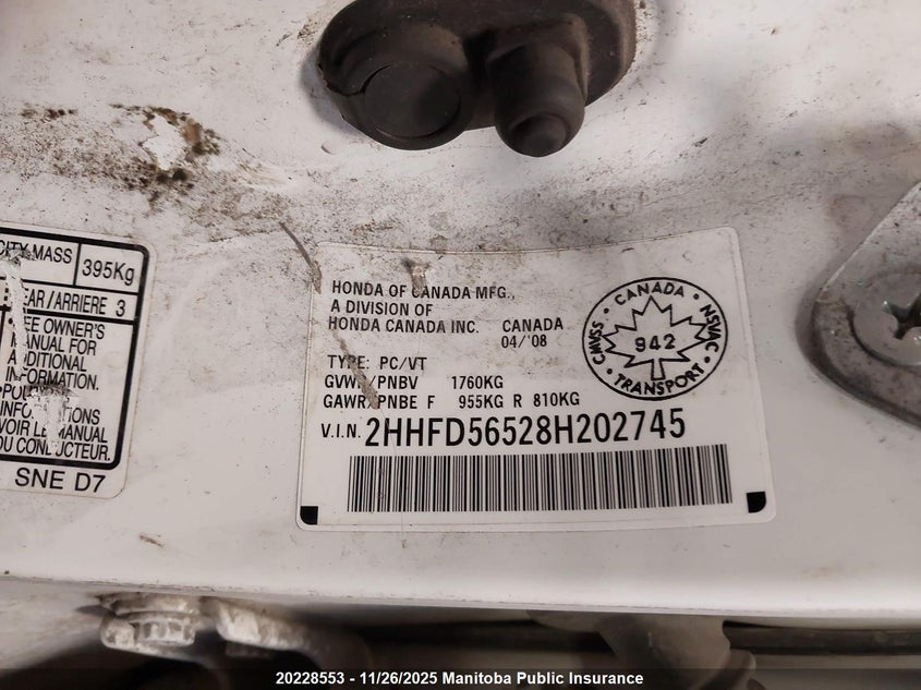2008 Acura Csx VIN: 2HHFD56528H202745 Lot: 20228553