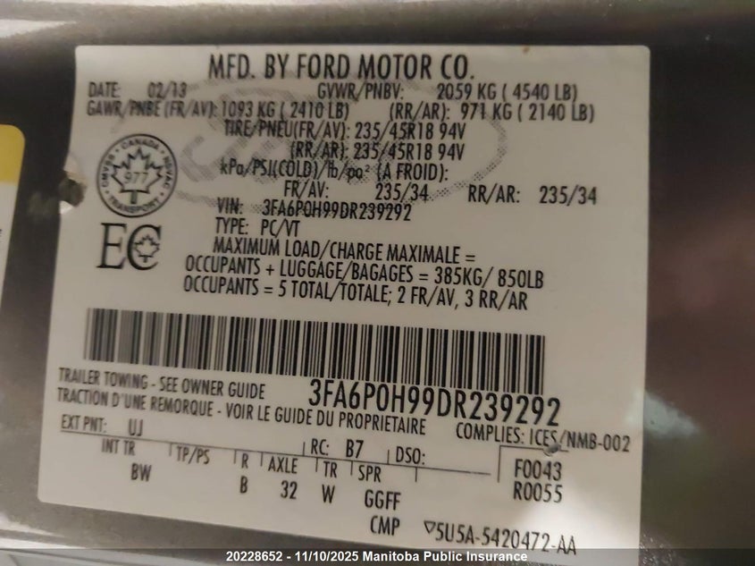 2013 Ford Fusion S VIN: 3FA6P0H99DR239292 Lot: 20228652