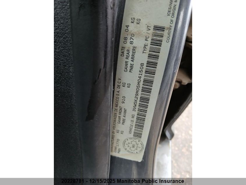 2005 Volkswagen Jetta Gls VIN: 3VWSK29M05M041508 Lot: 20228781