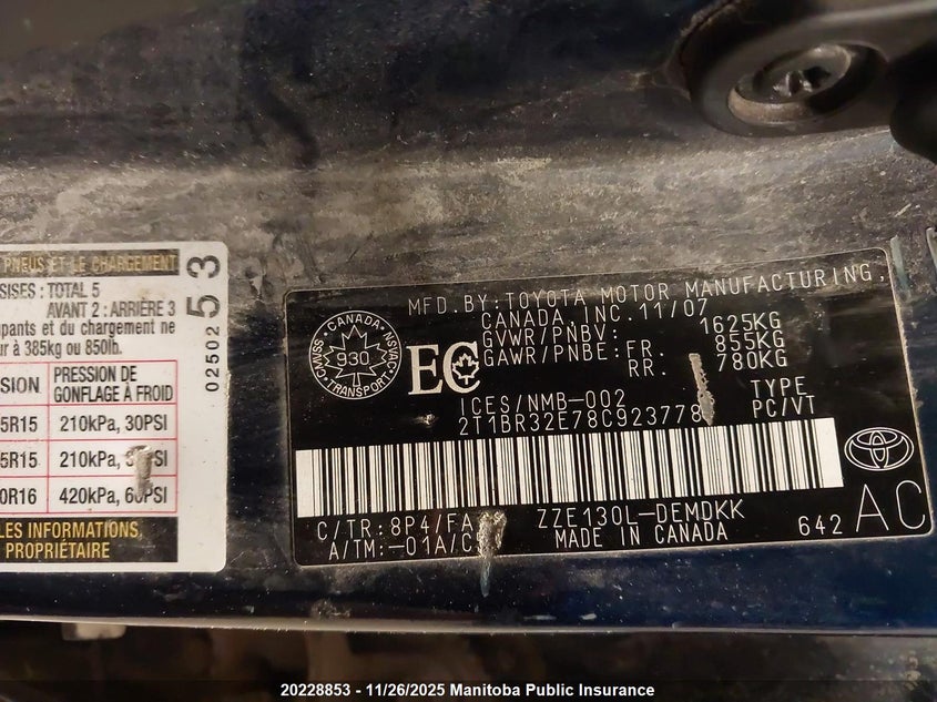 2008 Toyota Corolla Le VIN: 2T1BR32E78C923778 Lot: 20228853