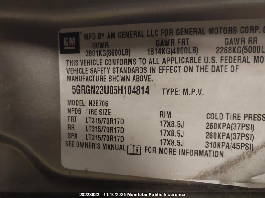 2005 Hummer H2 Suv VIN: 5GRGN23U05H104814 Lot: 20228922