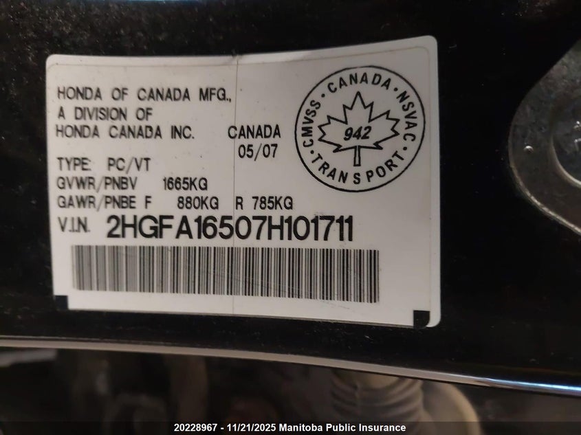 2007 Honda Civic Lx VIN: 2HGFA16507H101711 Lot: 20228967