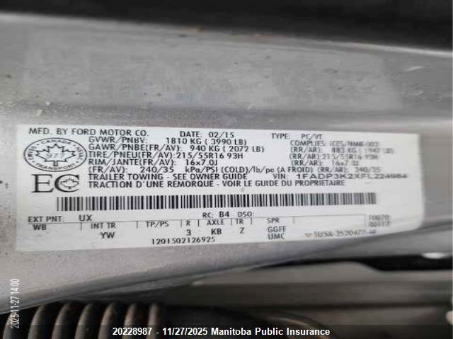 2015 Ford Focus Se VIN: 1FADP3K2XFL224984 Lot: 20228987