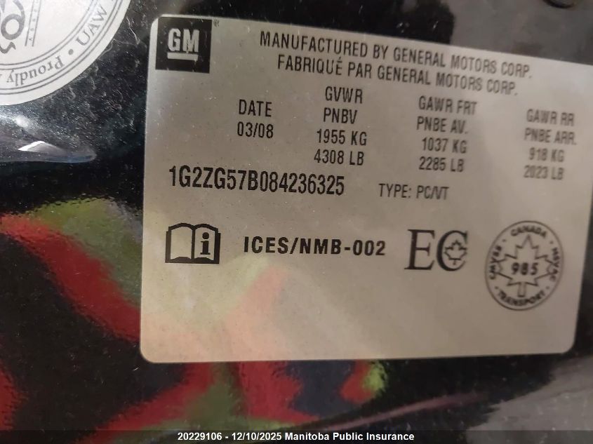 2008 Pontiac G6 VIN: 1G2ZG57B084236325 Lot: 20229106