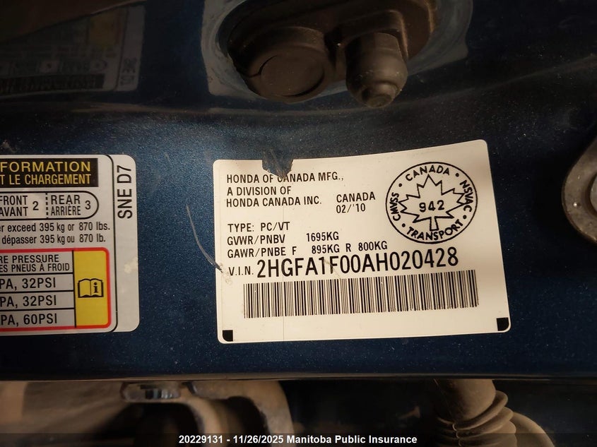 2010 Honda Civic Ex-L VIN: 2HGFA1F00AH020428 Lot: 20229131