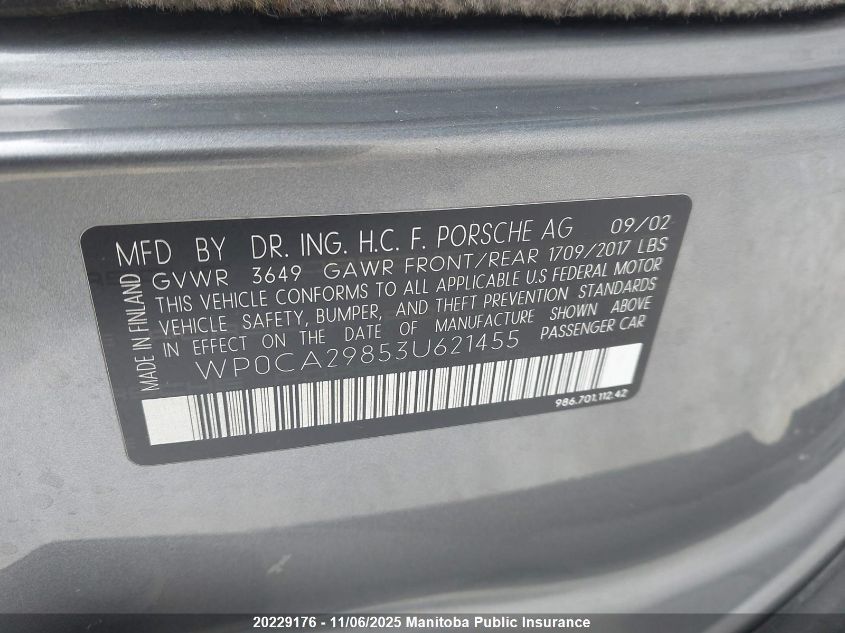 WP0CA29853U621455 2003 PORSCHE BOXSTER photo no. 9