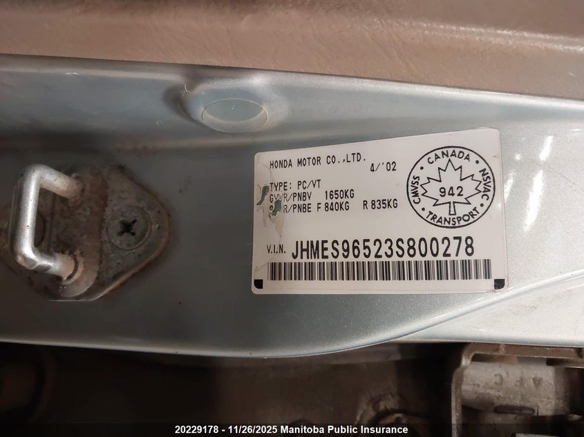 2003 Honda Civic Hybrid VIN: JHMES96523S800278 Lot: 20229178