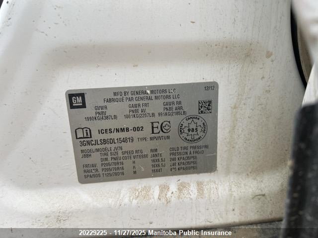 2013 Chevrolet Trax Lt VIN: 3GNCJLSB6DL154819 Lot: 20229225