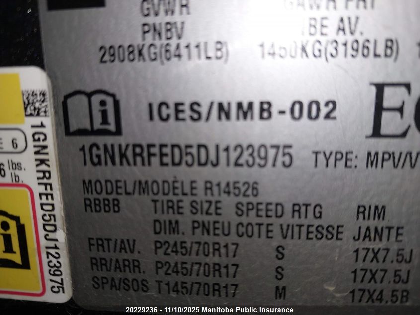 2013 Chevrolet Traverse Ls VIN: 1GNKRFED5DJ123975 Lot: 20229236