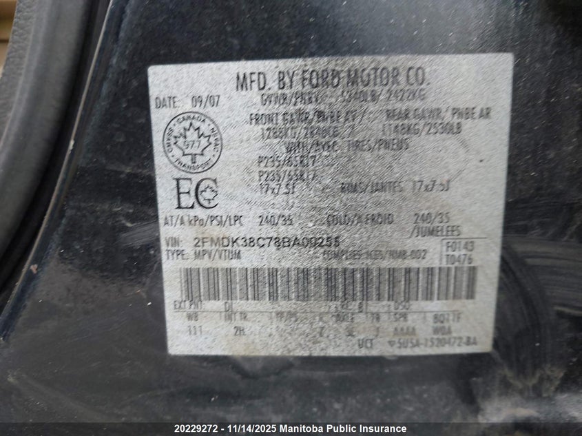 2008 Ford Edge Sel VIN: 2FMDK38C78BA00255 Lot: 20229272