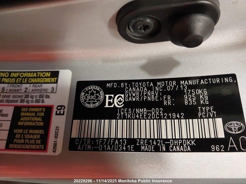 2013 Toyota Matrix VIN: 2T1KU4EE2DC121942 Lot: 20229296