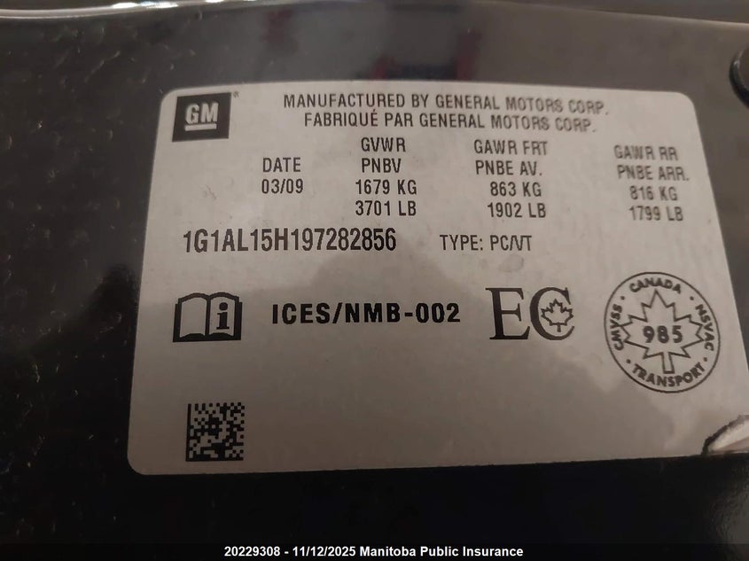 2009 Chevrolet Cobalt Ls VIN: 1G1AL15H197282856 Lot: 20229308