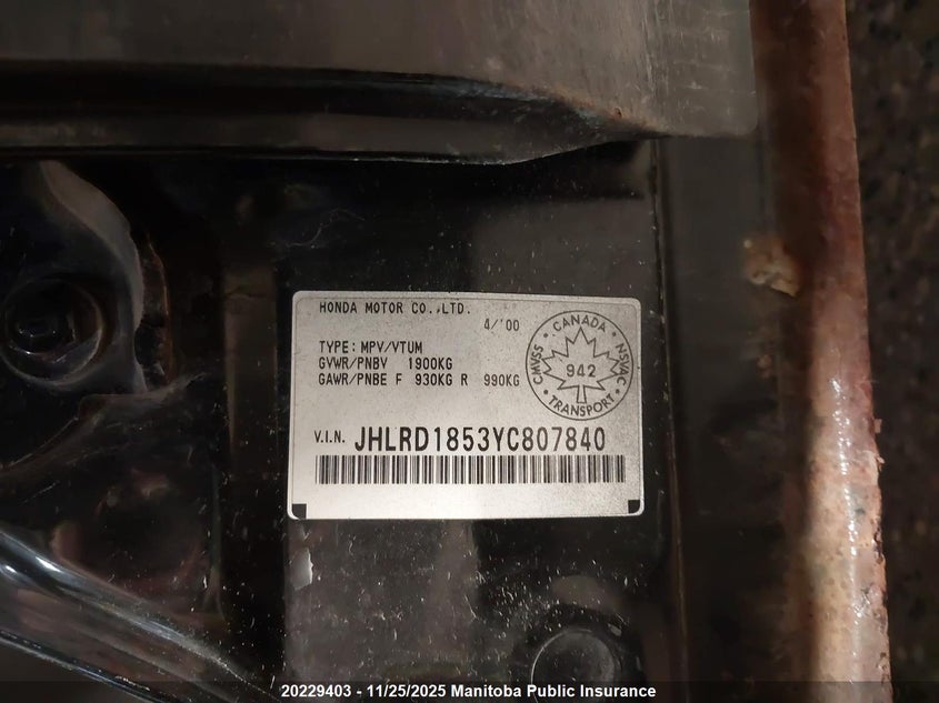 2000 Honda Cr-V VIN: JHLRD1853YC807840 Lot: 20229403