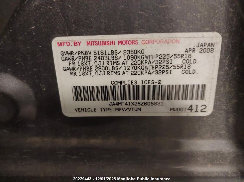 2008 Mitsubishi Outlander Xls VIN: JA4MT41X28Z605831 Lot: 20229443