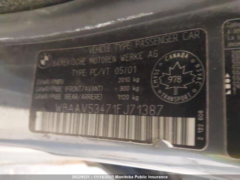 2001 BMW 330I VIN: WBAAV53471FJ71387 Lot: 20229521