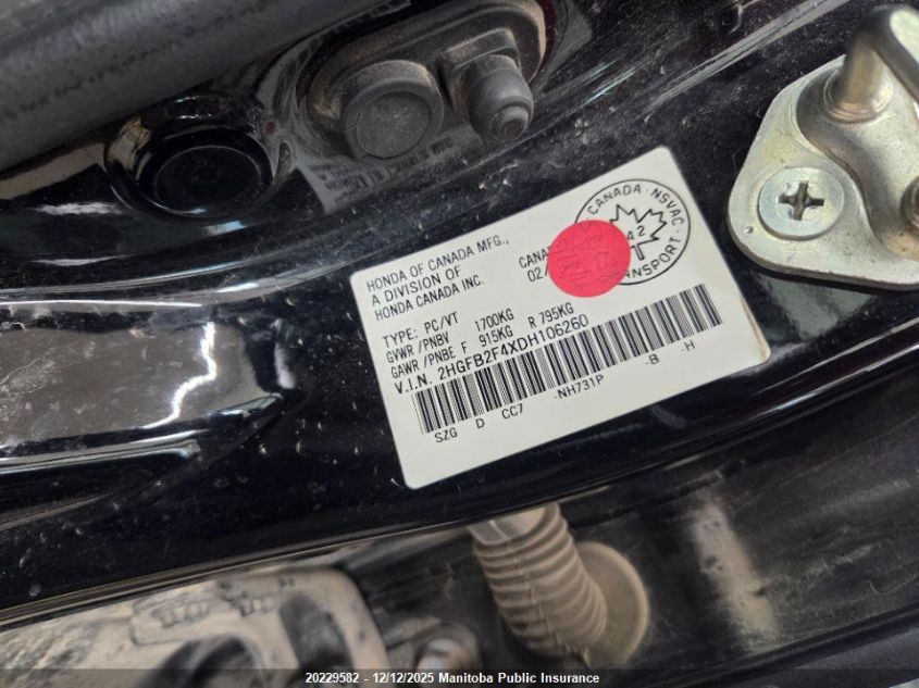 2013 Honda Civic Lx VIN: 2HGFB2F4XDH106260 Lot: 20229582