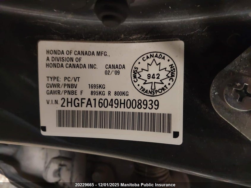 2009 Honda Civic Ex-L VIN: 2HGFA16049H008939 Lot: 20229665