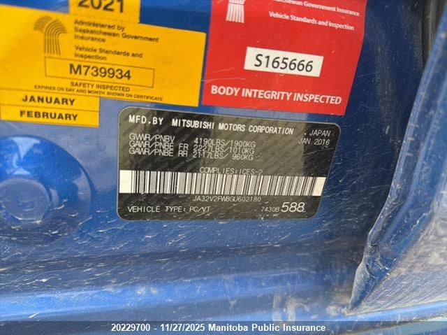 2016 Mitsubishi Lancer Gts VIN: JA32V2FW8GU602180 Lot: 20229700