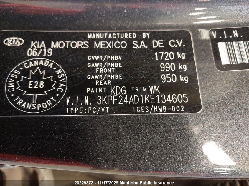 2019 Kia Forte Lx VIN: 3KPF24AD1KE134605 Lot: 20229872