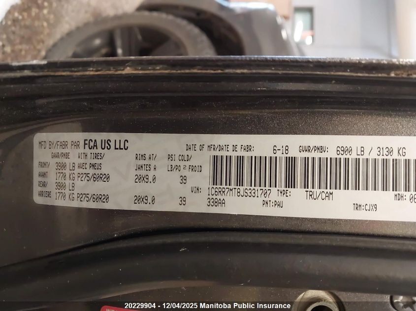 2018 Dodge Ram 1500 Sport Crew Cab VIN: 1C6RR7MT8JS331707 Lot: 20229904