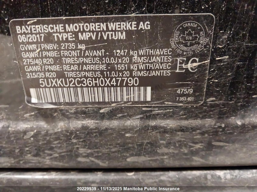 2017 BMW X6 35I VIN: 5UXKU2C36H0X47790 Lot: 20229939