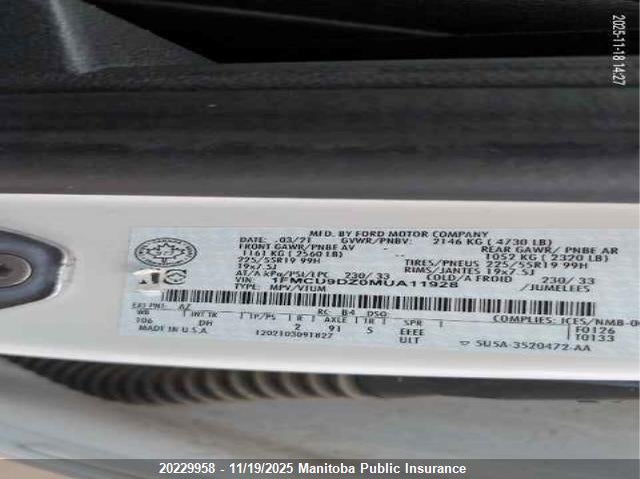 2021 Ford Escape Titanium Hybrid Titanium Hybrid VIN: 1FMCU9DZ0MUA11928 Lot: 20229958