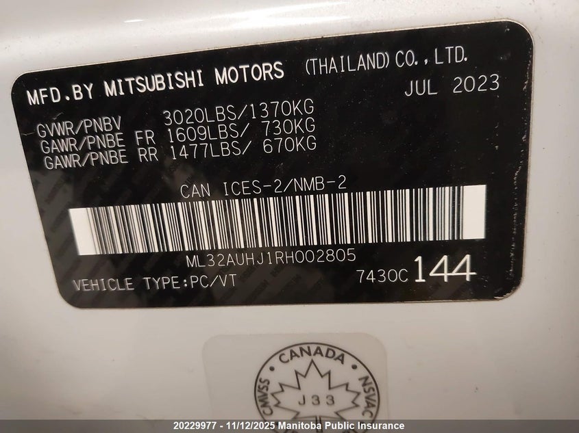 2024 Mitsubishi Mirage Es VIN: ML32AUHJ1RH002805 Lot: 20229977