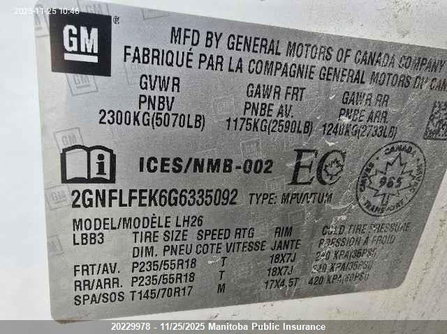 2016 Chevrolet Equinox Lt VIN: 2GNFLFEK6G6335092 Lot: 20229978