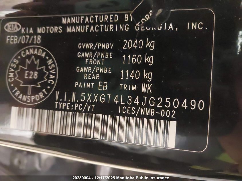 2018 Kia Optima Lx VIN: 5XXGT4L34JG250490 Lot: 20230004