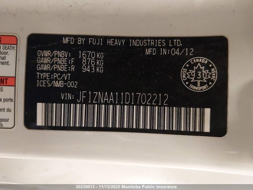 2013 Scion Fr-S VIN: JF1ZNAA11D1702212 Lot: 20230013