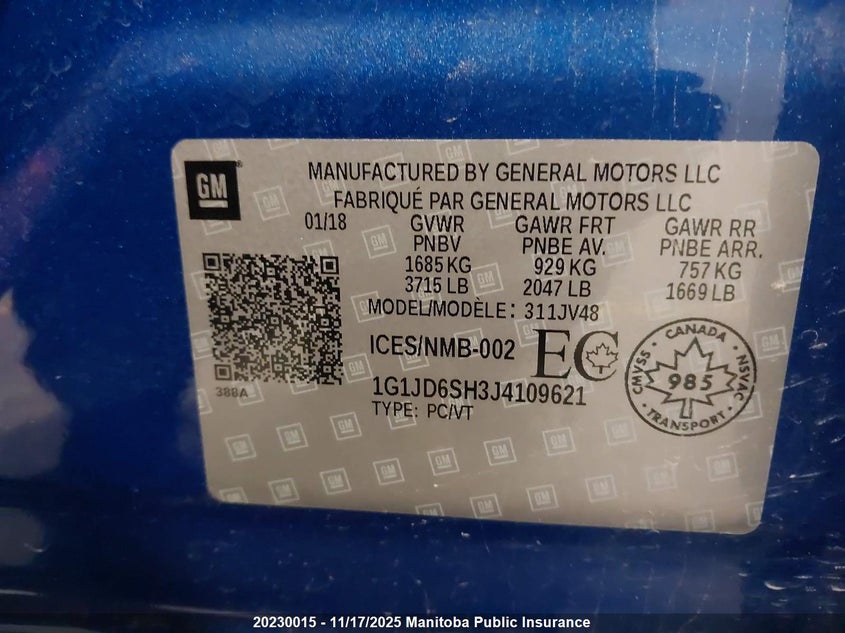 2018 Chevrolet Sonic Lt VIN: 1G1JD6SH3J4109621 Lot: 20230015