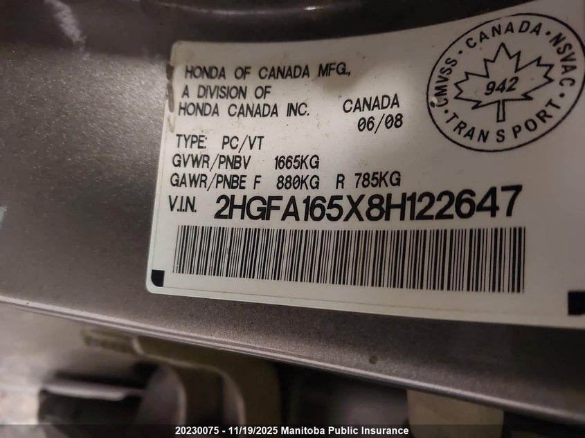 2008 Honda Civic Lx VIN: 2HGFA165X8H122647 Lot: 20230075