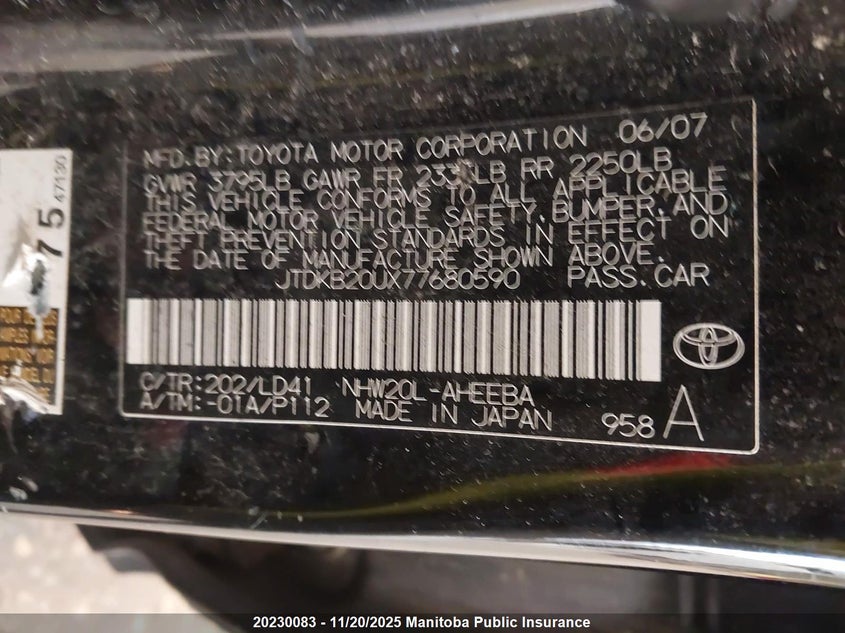 2007 Toyota Prius VIN: JTDKB20UX77680590 Lot: 20230083